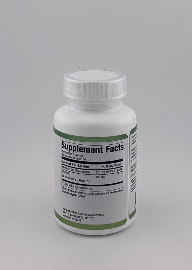 Professional D3 &amp K2 Supplement 5000IU Vitamin D3 with K2 MK-7 60 Veggie Capsules Supports Bone and Cardiovascular Health