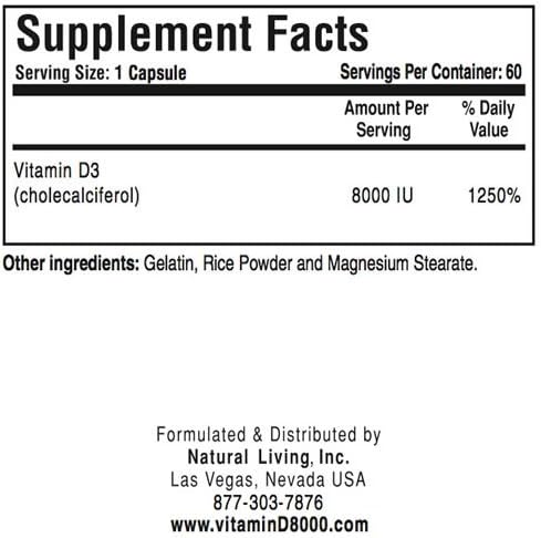 Natural Living High Potency Vitamin D3 8000 IU 60 Capsules 3 Pack
