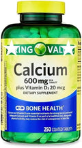 Calcium Plus Vitamin D Tablets Dietary Supplement by Spring - Valley Bone Health VIT D3 20 mcg 600 mg 250 Count.