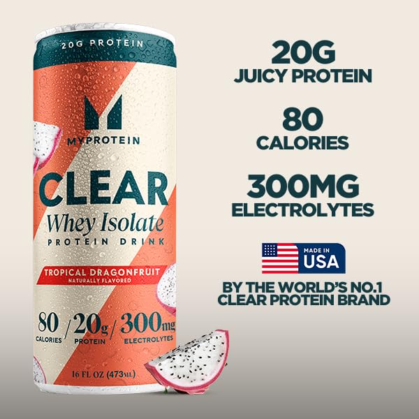 Myprotein Clear Whey Isolate Ready-to-Drink Protein Tropical Dragonfruit 16 Fl Oz Pack of 12 20g Protein 80 Calories Sugar-Free Refreshing Fruity Flavored Beverage for Superior Performance