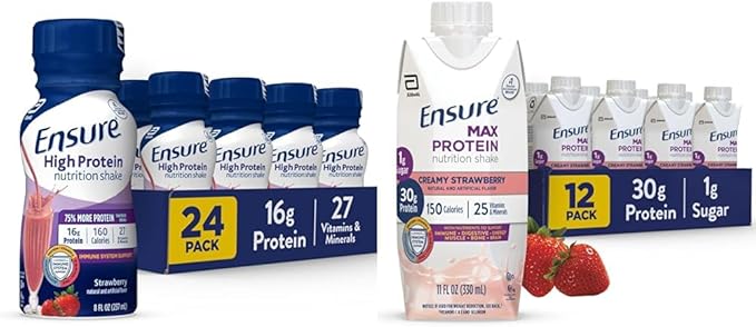 Ensure High Protein Strawberry Nutrition Shake 24 Pack &amp Ensure Max Protein Nutrition Shake 30g Protein 12 Pack
