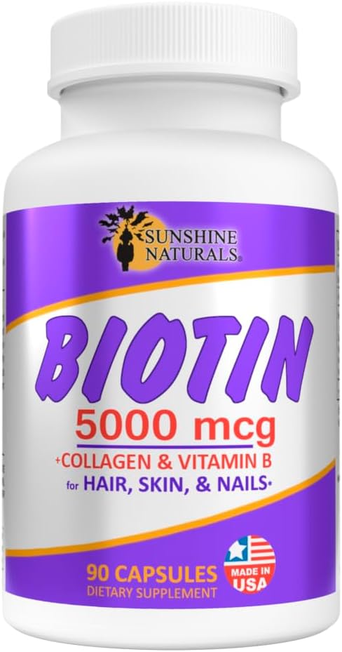 Sunshine Naturals Biotin Dietary Supplement. for Healthier Skin Thicker Hair Nail Growth. Collagen Vitamin A B for Hair Loss Beauty Cell Renewal Scalp Health. 5000 mcg. 90 Capsules. Pack of 3