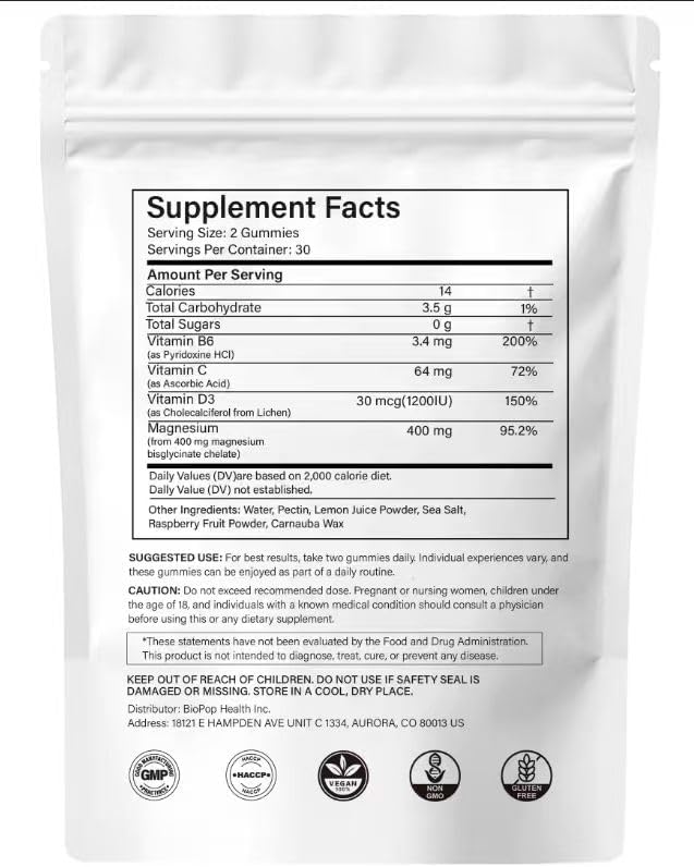 Hywebvctok 400mg Magnesium Bisglycinate Gummies with Vitamin B6 C D3 Promotes Muscle &amp Nerve Function Relaxation &amp Wellness Raspberry Flavor 60 Count