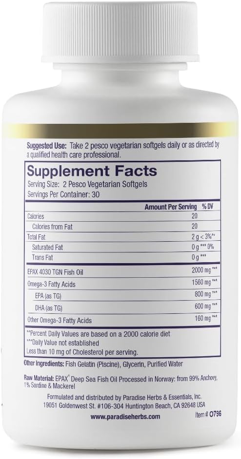 Paradise Herbs Omega-Sure Omega-3 Concentrate Premium Fish Oil DHA EPA Vegan Non GMO Gluten Free 60 Count Vegetarian Softgels (Pack of 2)