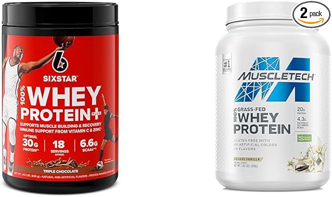 Six Star Elite 100% Whey Protein Plus Triple Chocolate 1.8lbs and MuscleTech Grass Fed Whey Protein Powder Deluxe Vanilla 1.8 lbs