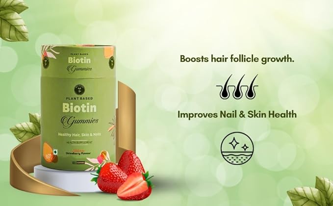 Healthy &amp Shiny Hair Growth | Enriched with Natural Biotin B7 B6 B5 Zinc &amp Amla Extract | 60 Gummies - Strawberry Flavour