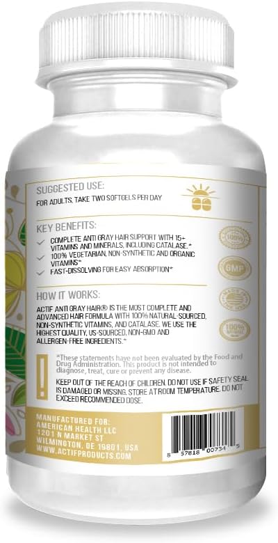 ACTIF Anti-Gray Hair Mega Support for Women with 15+ Advanced Hair Factors Catalase Biotin PABA Non-GMO Made in USA 90 Count