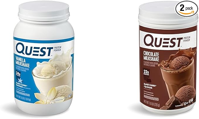 Quest Nutrition Vanilla Milkshake Protein Powder 24g of Protein 1g of Sugar Low Carb Gluten Free 3 Pound 43 Servings &amp Chocolate Milkshake Protein Powder 22g Protein 2g Net Carbs 1g Sugar