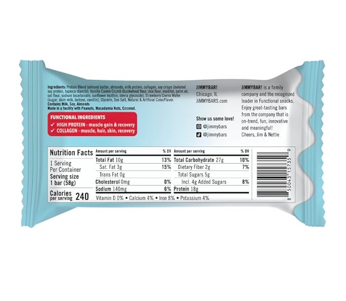 JIMMYBAR! - Strawberry Cookies 'n Cream - Protein Bars With Collagen - 12 Count - 18g Protein Snack Bars - 5g Sugar - Protein Snacks for On-The-Go - Post Workout Meal Replacement Bar