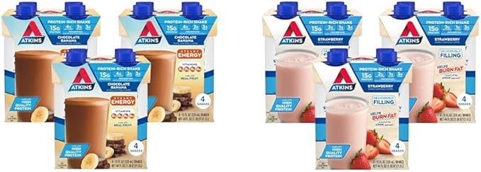 Atkins Chocolate Banana Protein Shake 15g Protein &amp Strawberry Protein Shake 15g Protein Low Glycemic 2g Net Carb 1g Sugar Keto Friendly 12 Count