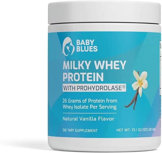 Baby Blues Lactation Protein Powder for Breastfeeding Moms | 26g Whey Protein Isolate | Breastfeeding Safe Postpartum Protein with Sunflower Lecithin &amp ProHydrolase | Fenugreek Free | Vanilla