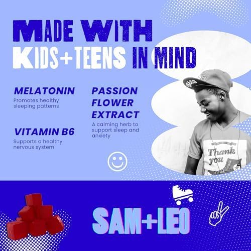 SAM+LEO Sleep Gummies for Kids &amp Teens with Melatonin Passion Flower &amp Vitamin B6 - Gentle Sleep Aid Gummies for Restful Sleep | Natural Drug Free Vegan &amp Gluten Free Passion Fruit Fla