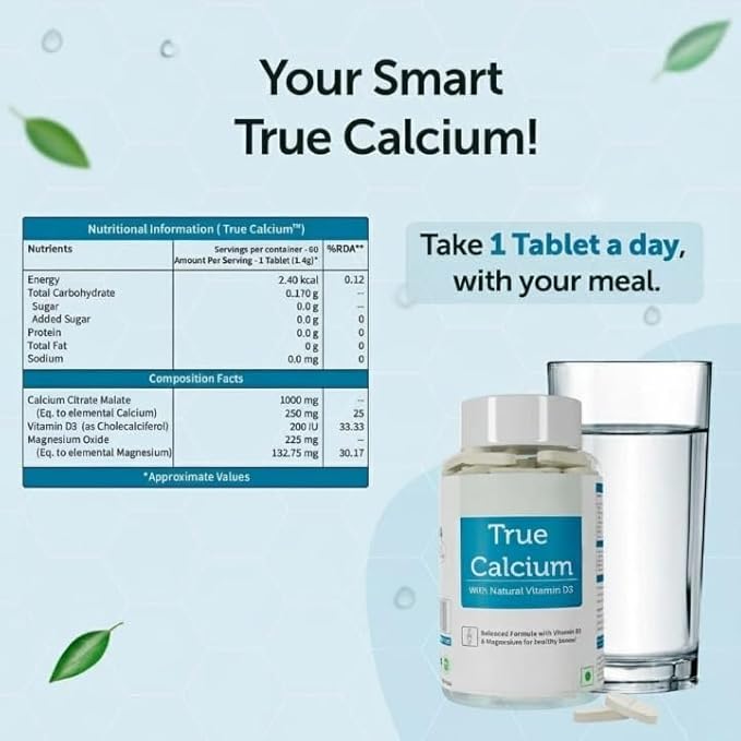 Calcium 1000mg Supplement for Men &amp Women with Plant Based Vitamin D3 &amp Natural Magnesium for Healthy Joints - 60 Vegan Tablets
