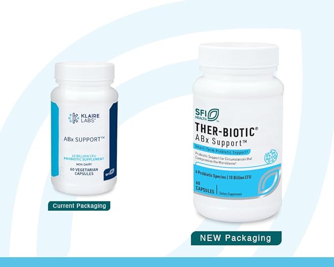Klaire Labs SFI Health ABX Support Probiotic - 10 Billion CFU Supplement for Support During Antibiotic Therapy Hypoallergenic &amp Non-Dairy (60 Capsules 2 Pack)