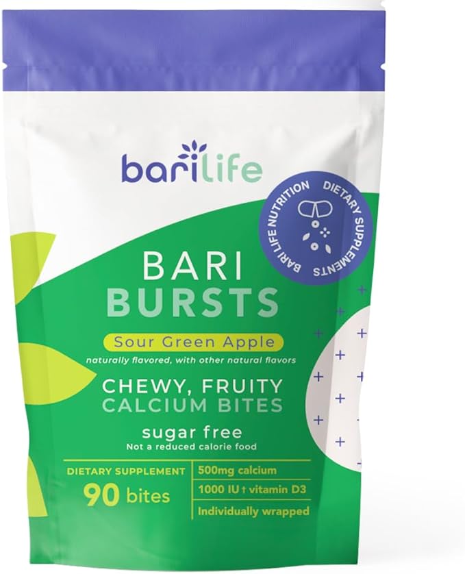 Calcium Citrate Bariatric Calcium Chews with 1000 IU Vitamin D3 - Ideal for Bariatric Patients - BariBurst by Bari Life (Sour Green Apple)