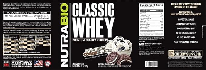 NutraBio Classic Whey Protein Powder- 25G Protein Per Scoop - Full-Spectrum Amino Acid Profile - No Fillers Artificial Colors Preservatives - Low Glycemic Index - (Ice Cream Cookie Dream 2 Pounds)