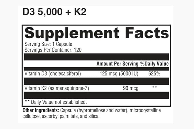 D3 5000 + K2 Vitamin D3 and K2 Supplement