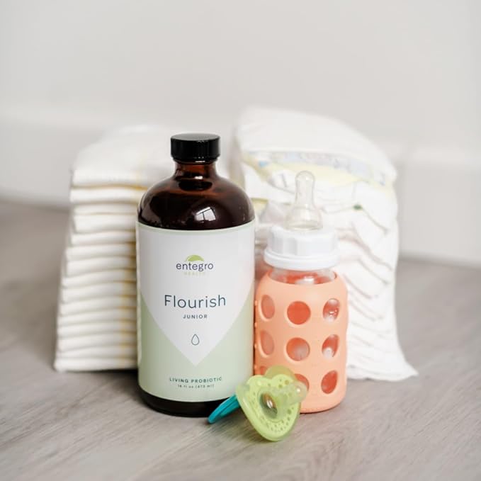 ENTEGRO Flourish Junior Liquid Probiotic &amp Postbiotic Supplement - Glass | 11 Live Cultures | Gut &amp Digestive Health for Women Men &amp Kids | Organic Vegan Allergen Free | USA Made | 16 f