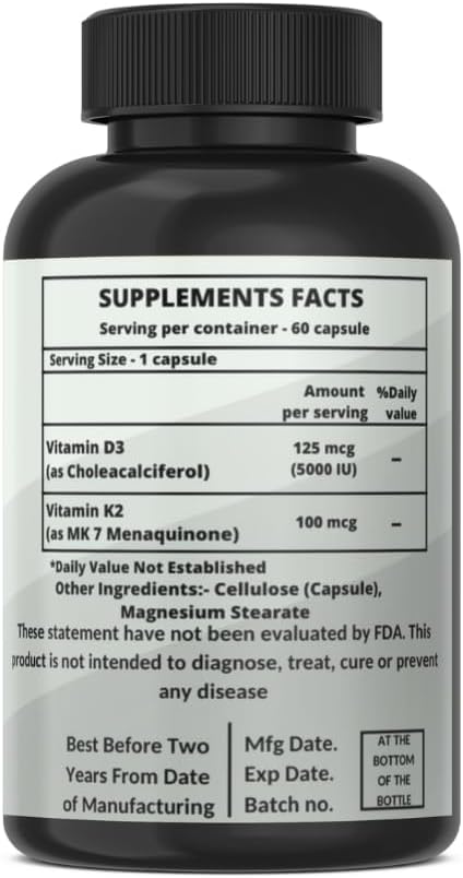 Vitamin K2 (MK7) with D3 Extra Strength Supplement Non-GMO Formula 5000IU (125 mcg) Vitamin D3 &amp 90 mcg Vitamin K2 MK-7 Easy to Swallow Vitamin D &amp K Complex (120 Capsules)