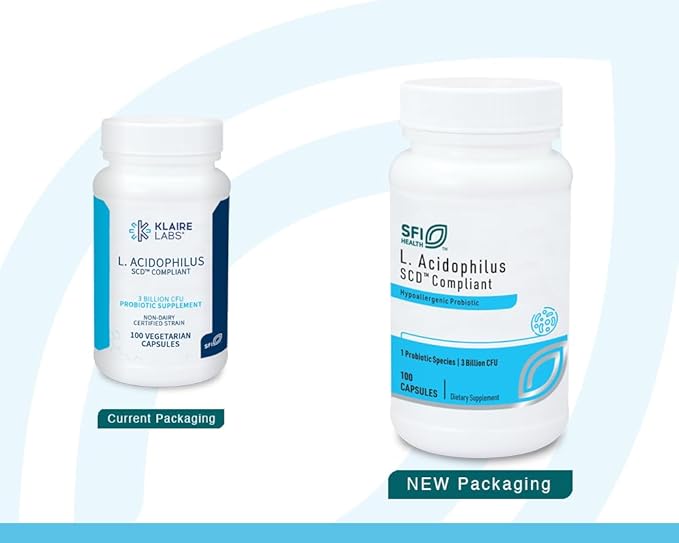 Klaire Labs SFI Health L. Acidophilus - 3 Billion CFU Lactobacillus Probiotic Pure SCD Compliant Formula for Men &amp Women Hypoallergenic &amp Non-Dairy (100 Capsules 2 Pack)