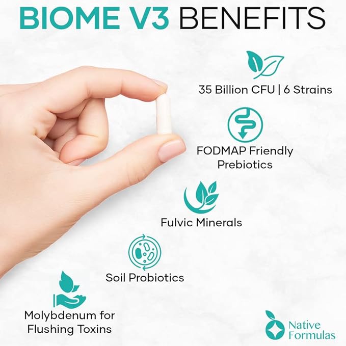 Native Formulas Biome V3 Probiotic Prebiotic &amp Fulvic Minerals Supplements - 35 Billion CFU - 6 Strains - 180 Vegan Capsules - Women &amp Men - FODMAP Friendly Supports Digestive Immune &amp