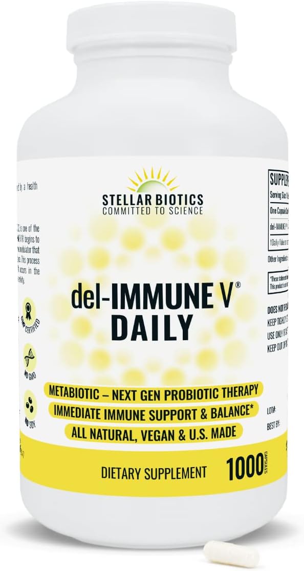 Del-Immune V® Daily by Stellar Biotics All-Natural Immune Support &amp Gut Health Immediate Care Metabiotic: NextGen Probiotic Therapy (1000 Caps)