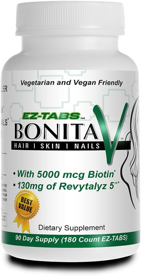 Essential Source Bonita V Vegan Hair Nails and Skin Vitamins for Women - 20 Active Ingredients Including Biotin - Stronger Nails Healthy Skin Hair Growth - 180 EZ-TAB Veggie Tablets