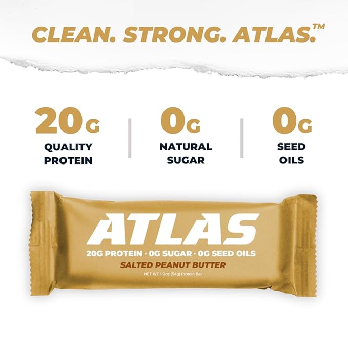 Atlas Real Food Protein Bar – 20g Clean Protein 0g Sugar No Seed Oils No Artificial Sweeteners (Salted Peanut Butter 12 Count)