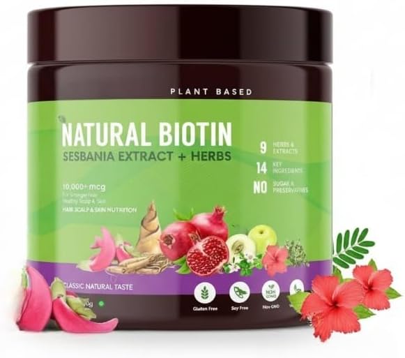 Natural Plant Biotin (10000+ mcg Sesbania Agati Bamboo Shoot Triphala Amla Herbs &amp More) powder For Stronger Hair Healthier Skin &amp Better Nails with Natural Sesbania Grandiflora extract.