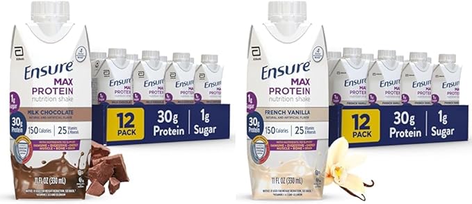 Ensure Max Protein Milk Chocolate &amp French Vanilla Nutrition Shakes 30g Protein 150 Calories 12 Pack Bundle