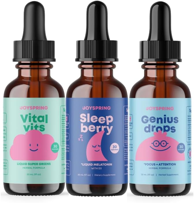 JoySpring Liquid Toddler Multivitamin with Burdock Root &amp Elderberry for Immune Support Liquid Melatonin for Sleep and Focus &amp Attention Supplement for Healthy Brain Function