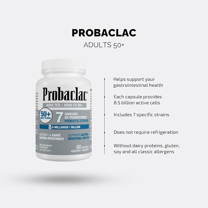Probiotics for 50+. It Help Support gastrointestinal Health and Bloating Relief and Contribute to a Natural Healthy Intestinal Flora.7strains of probiotic and lactic Ferment Complex. (60)