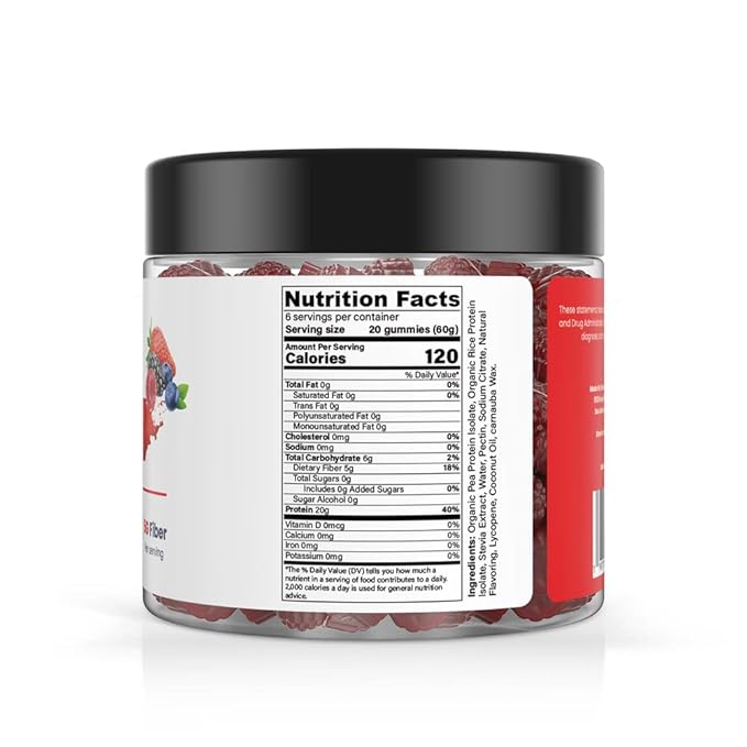 120 Sugar Free Protein Gummies with 1g per gummy &amp High Fiber | High Protein Snacks| Healthy Snacks for Adults| Plant Based | Fiber Gummies for Adults| Low carb 1g Net Carb Stevia Natural Flavor