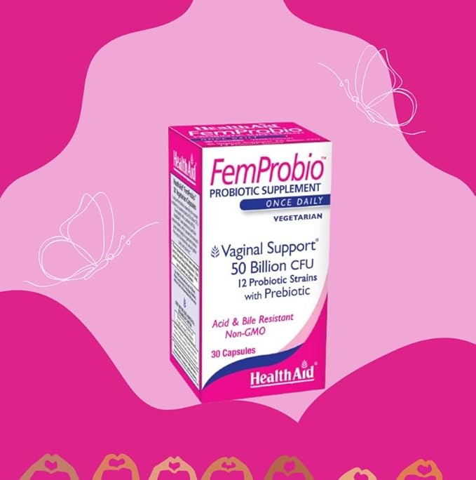 HealthAid FemProbio – Once-Daily Probiotic with Prebiotic Fiber | 50 Billion CFU | 30 Vegetarian Capsules | Acid &amp Bile Resistant Lactose Gluten &amp GMO-Free