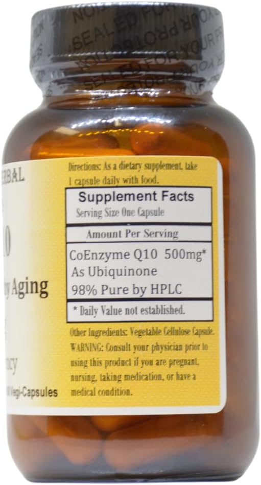Barlowe's Herbal Elixirs CoQ10 | Ubiquinone | Hi-Potency | 500 mg Per Capsule | Stearate-Free | Encased in Recyclable Glass Bottle | Heart Health Support | 60 Veggie Capsules