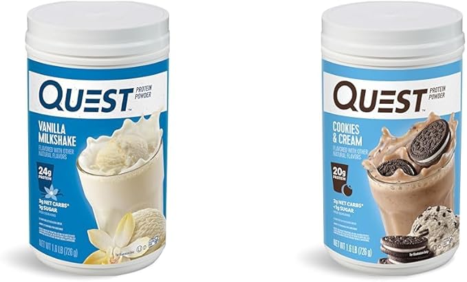 Quest Nutrition Vanilla Milkshake Protein Powder 24g of Protein 1g of Sugar 1.6 Pound 23 Servings &amp Cookies &amp Cream Protein Powder 20g Protein 1g Sugar Low Carb Gluten Free