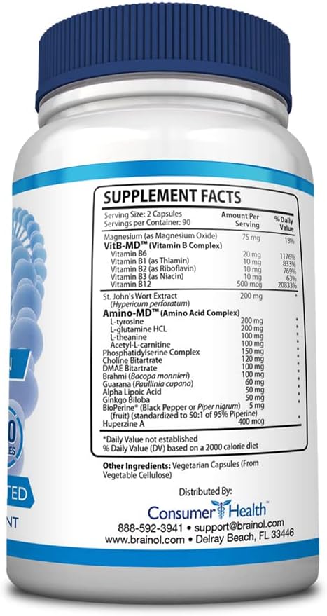 Brainol - The Smartest Choice For A Brain Boosting Nootropic - Enhance Mental Performance Focus and Clarity - With DMAE Huperzine A BioPerine - Vegan-Friendly - 360 Capsules - 6 Month Supply