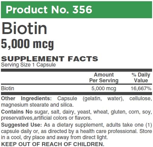 Biotin 5000 mcg (5 mg) per Easy to Swallow Capsule *Free of Yeast Wheat Gluten and preservatives