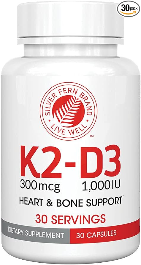 Silver Fern Vitamin K2-D3 Supplement Brand - Natural Non-Synthetic - K2-7 as Menaquinone-7 (MK-7) - D3 as cholecalciferol - Bone Heart &amp Energy Support (1 Bottle - 30 Capsules - 30 Servings)