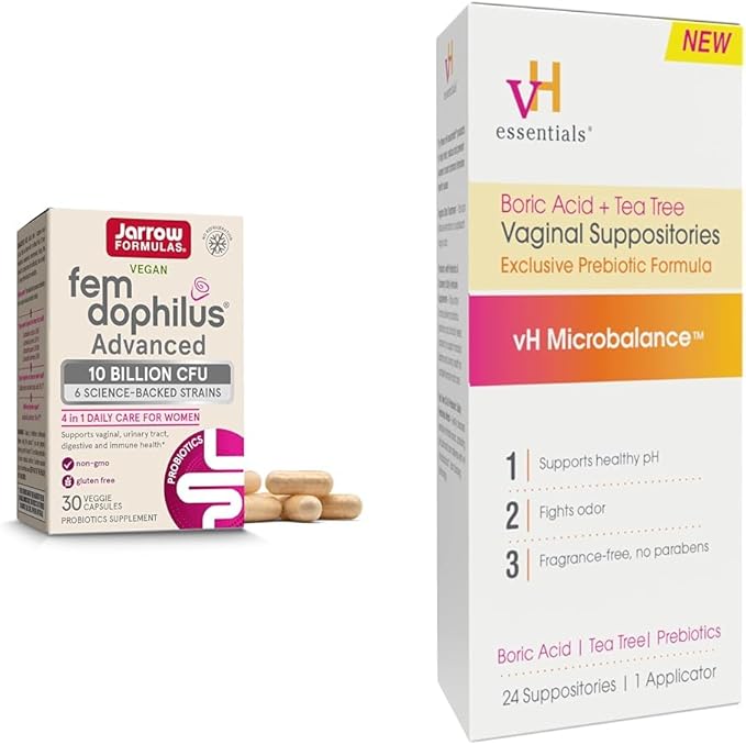 Jarrow Fem-Dophilus Probiotics 10 Billion CFU and vH Essentials Boric Acid Vaginal Suppositories with Tea Tree Oil and Lactic Acid - Feminine Health Bundle
