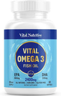 Vital Omega 3 Fish Oil Supplements 2400mg | 864mg EPA &amp 576mg DHA | 1440mg Total Omega-3 Fatty Acids | Promotes Brain &amp Heart Health | Non-GMO Gluten-Free Sugar-Free | Lemon | 30 Day Serving