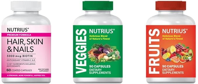Nutrius Hair Skin &amp Nails 5000 mcg Biotin with Antioxidant Vitamin C &amp E - 60 Coated Capsules