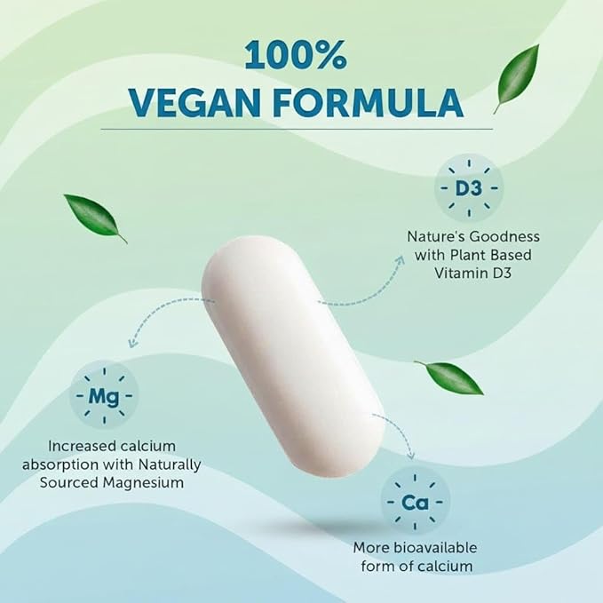 Tru Calcium 1000mg Supplement for Men &amp Women with Plant Based Vitamin D3 &amp Natural Magnesium for Healthy Bones - 60 Vegan Tablets