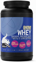 Safari Nu 100% Whey Premium Protein Powder Cookies and Cream - 2 LB Tub 25G of Protein - Concentrate &amp Isolate Whey Protein Blend - 12g BCAAs