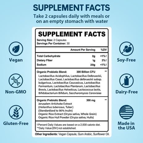 Probiotics for Women &amp Men 300 Billion CFU Probiotics from 12 Strains + Organic Prebiotics Blend for Daily Digestive Immune Gut Bloating Gut Health for Women &amp Men Shelf Stable - 180 Cap