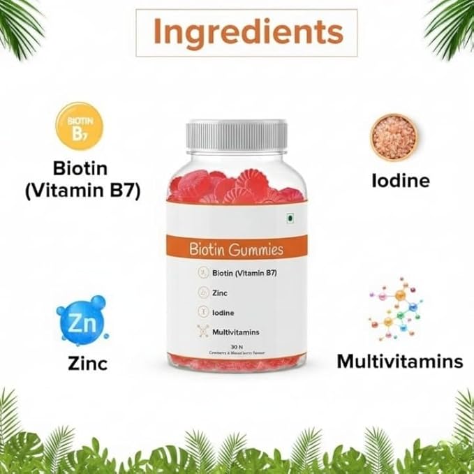 GHC Biotin Hair Gummies - 30 Gummies | 30 Days Pack | Enriched with Biotin Vitamin A C E &amp Zinc | Added Sugar | Keeps Hair Healthy &amp Strong | Cranberry Flavored |100% Vegetarian