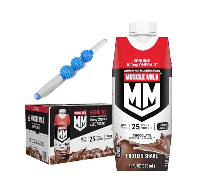 Muscle Milk Protein Shake - Chocolate Flavor - 18 Pack (11 oz each) - Zero Sugar No Milk 100 mg Omega-3 (DHA &amp ALA) Bonus Massage Roller Stick ( Color May Very )