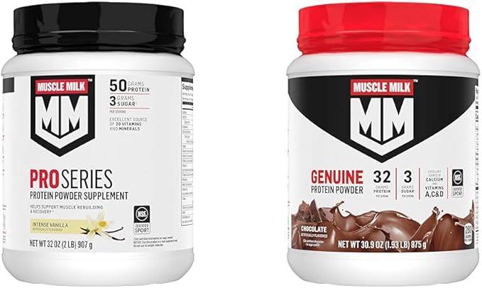 Muscle Milk Pro Series Protein Powder Supplement Intense Vanilla 2 Pound 11 Servings 50g Protein &amp Genuine Protein Powder Chocolate 1.93 Pounds 12 Servings 32g Protein 3g Sugar