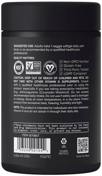 Sports Vitamin D3 K2 with 5000iu of Plant-Based D3 &amp 100mcg of Vitamin K2 as MK-7 Non-GMO Verified &amp Vegan Certified - 160 Liquid Softgels - Pack1