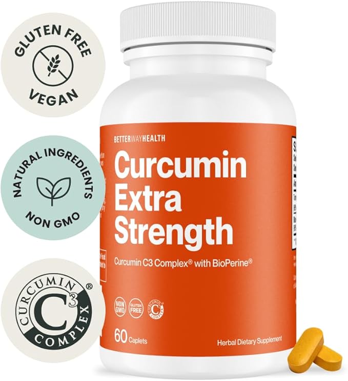 Better Way Health™ Turmeric Curcumin C3 Complex - 1000mg Curcumin C3® with BioPerine® – High Absorption Joint Support – 60 Caplets